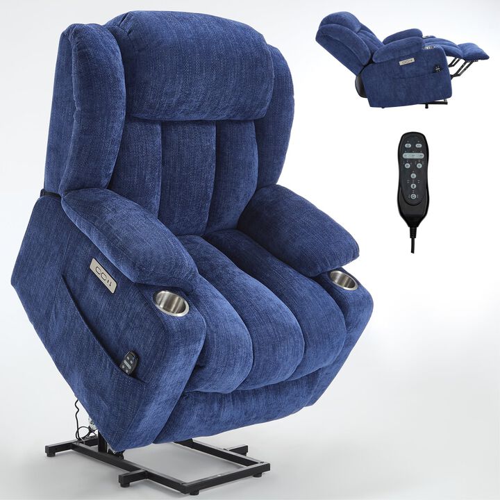 Chenille Power Lift Recliner Chair, with Massage and Heating, USB and Type-C Ports, Stainless Steel Cup Holders