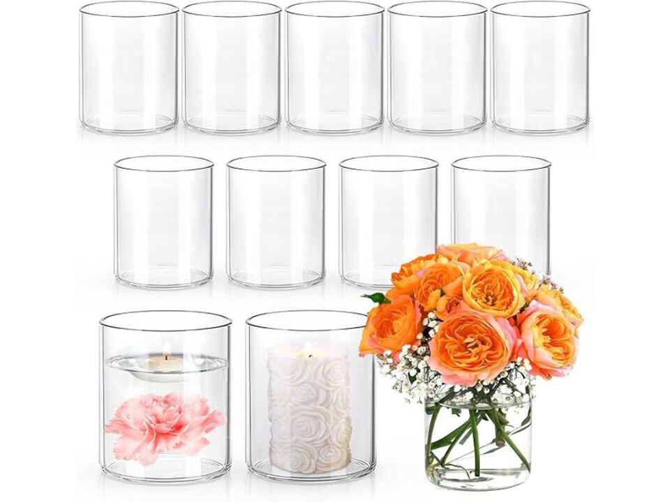 Set of 12 Clear Glass Cylinder Vases &ndash; 4" Wedding Centerpieces & Floating Candle Holders