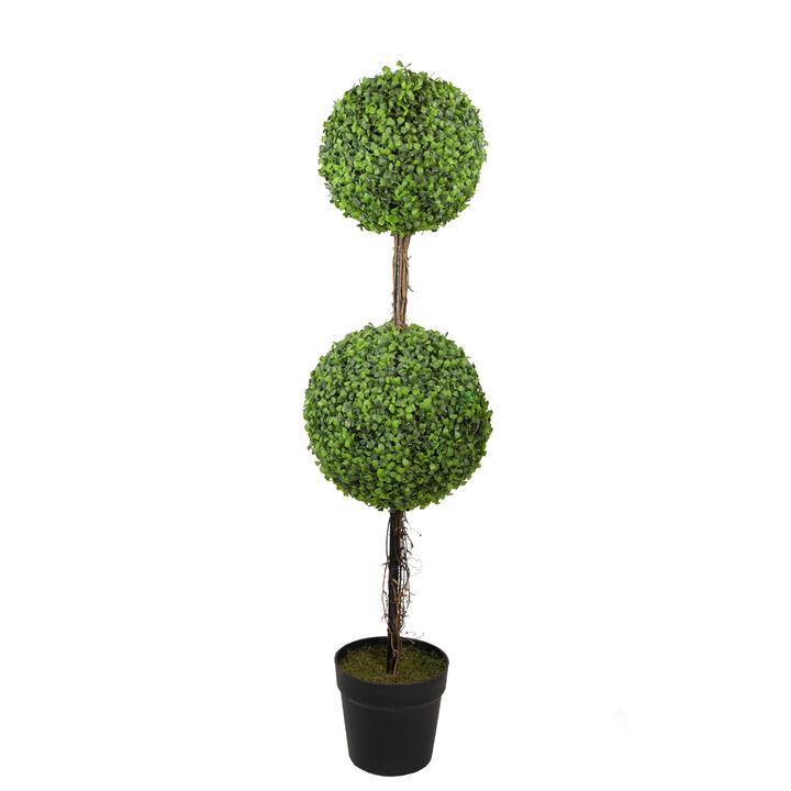 48" Two Tone Green Double Sphere Artificial Boxwood Topiary Potted Plant