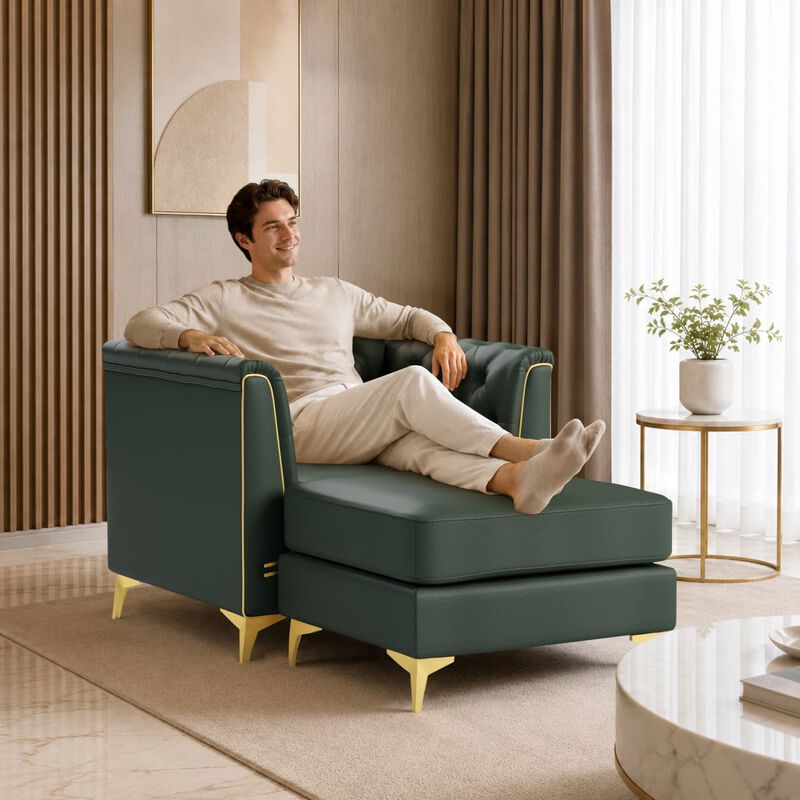 Modular Chesterfield Sofa Chair with Ottoman, Faux Leather Tufted Seating for Apartment, Metal Trim Arms and Tapered Legs image number 3