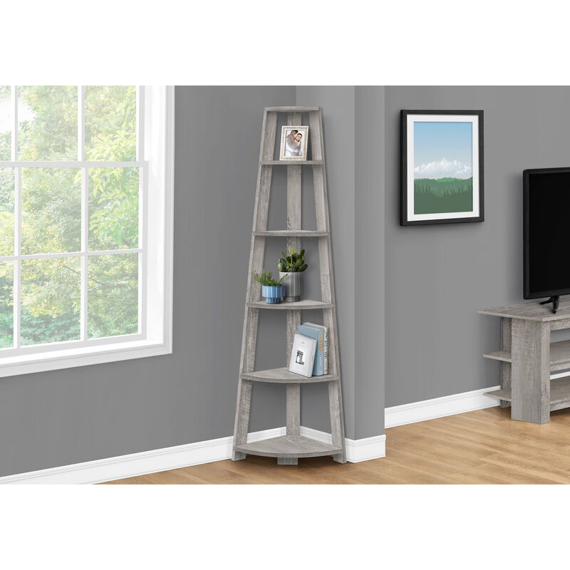 Monarch Specialties I 2433 Bookshelf, Bookcase, Etagere, Corner, 5 Tier, 72"H, Office, Bedroom, Laminate, Grey, Contemporary, Modern