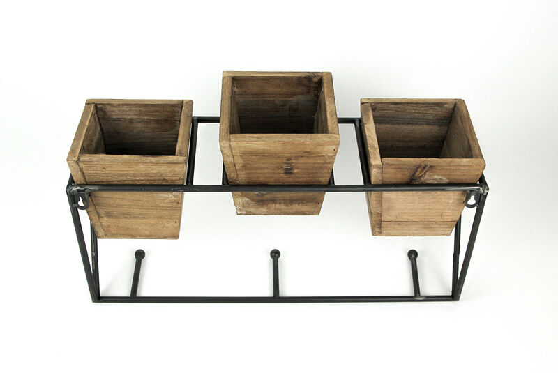 Wood and Wrought Iron Triple Planter Wall Hook Rack image number 2