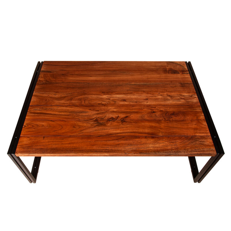 48 Inch Wooden Coffee Table with Double Metal Sled Base, Brown and Black-Benzara