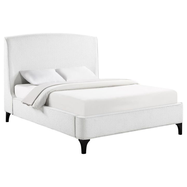 Benjara Mabe King Size Bed, Wingback Curved Headboard, White Fabric Upholstery