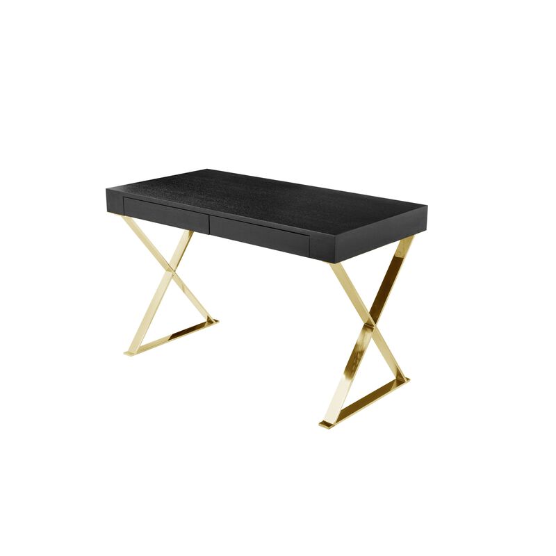 Ada Office Desk, 2 Drawers, Black Wood and Gold X Steel Legs, 47 Inch - Benzara