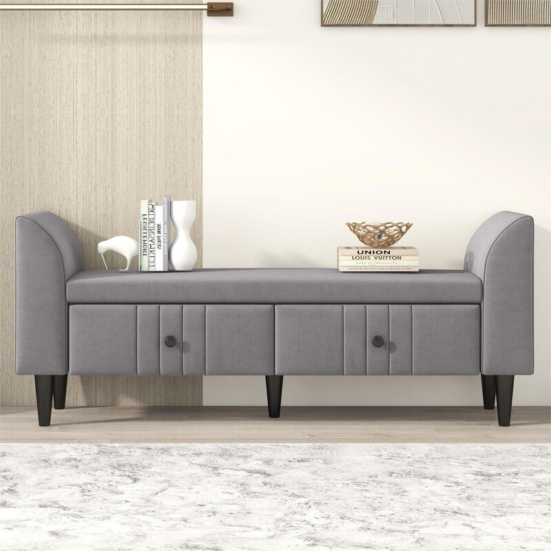 Upholstered Wooden Storage Ottoman Bench with 2 Drawers For Bedroom, Fully Assembled Except Legs and Handles, Gray