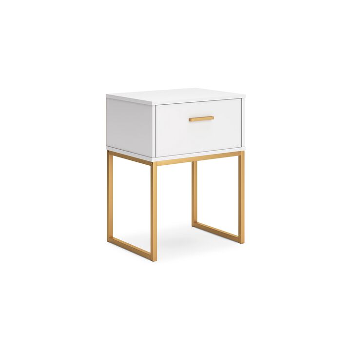 Alli Nightstand, 1 Drawer, Matte White Wood, Gold Metal Legs, 26 Inch - Benzara