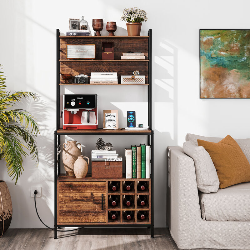 Coffee Bar Cabinet with S-Shaped Hooks and Wine Bottle Holders