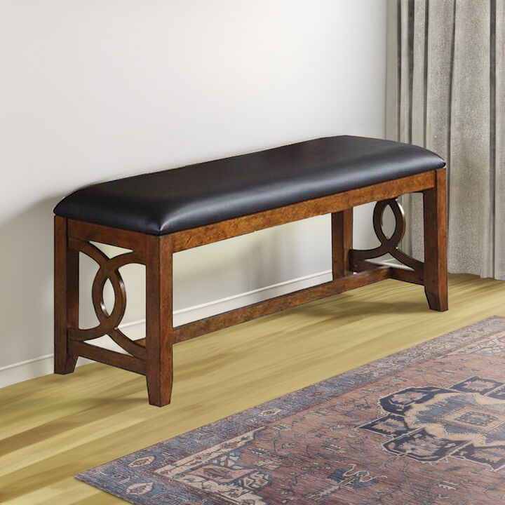 Ivy 50 Inch Modern Faux Leather Upholstered Dining Bench, Black, Brown-Benzara