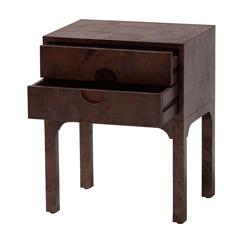 bali & pari Kayla Real Burl Wood Nightstand in Dark Walnut Brown - Modern Bedside Table with Two Drawers and Cutout Handle Design