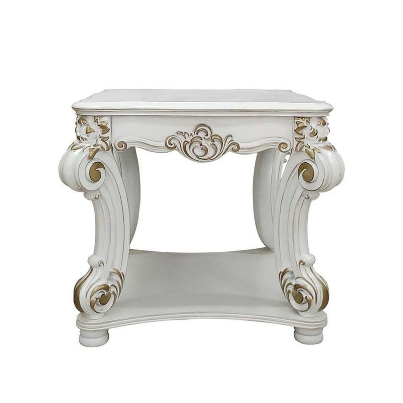 Jess 31 Inch Side End Table, Classic Scrolled Legs, White, Brushed Gold  - Benzara