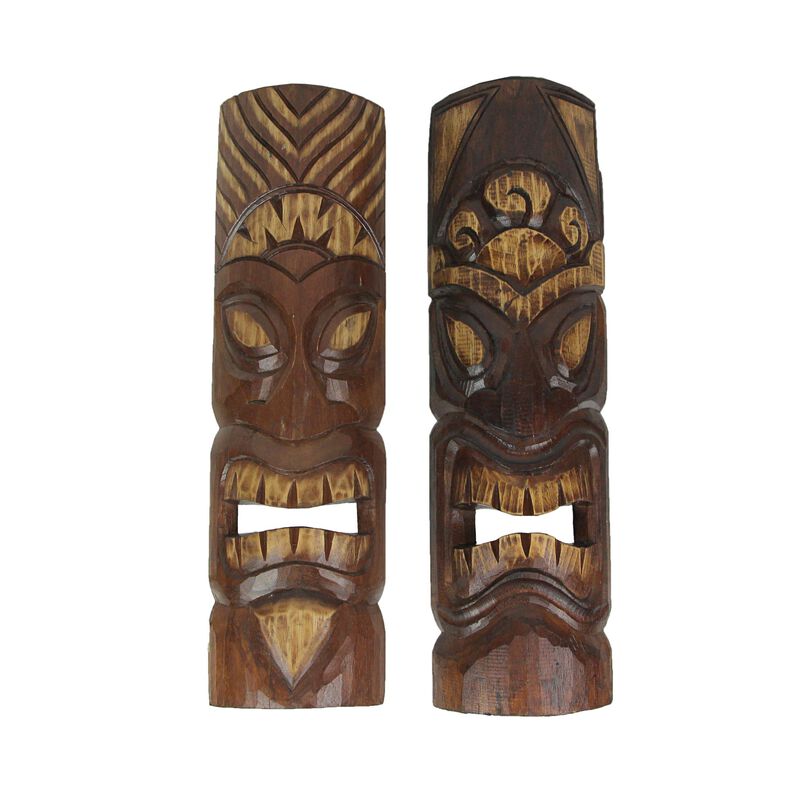 Set of 2 Hand Carved  Wood Sun and Flower Polynesian Tiki Masks 20 Inches High image number 0
