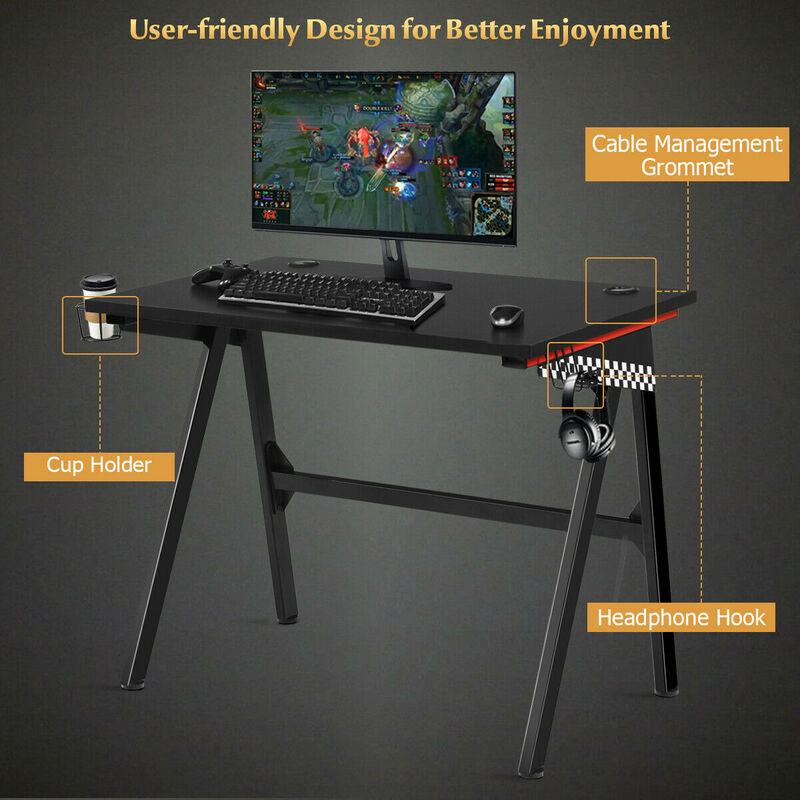 Ergonomic Computer Gaming Desk with Cup Holder and Headphone Hook
