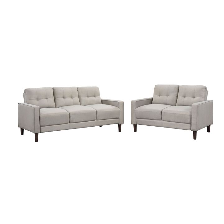 Bow 2pc Sofa Set with Track Arms and Tapered Legs, Beige Grid Tufted Fabric