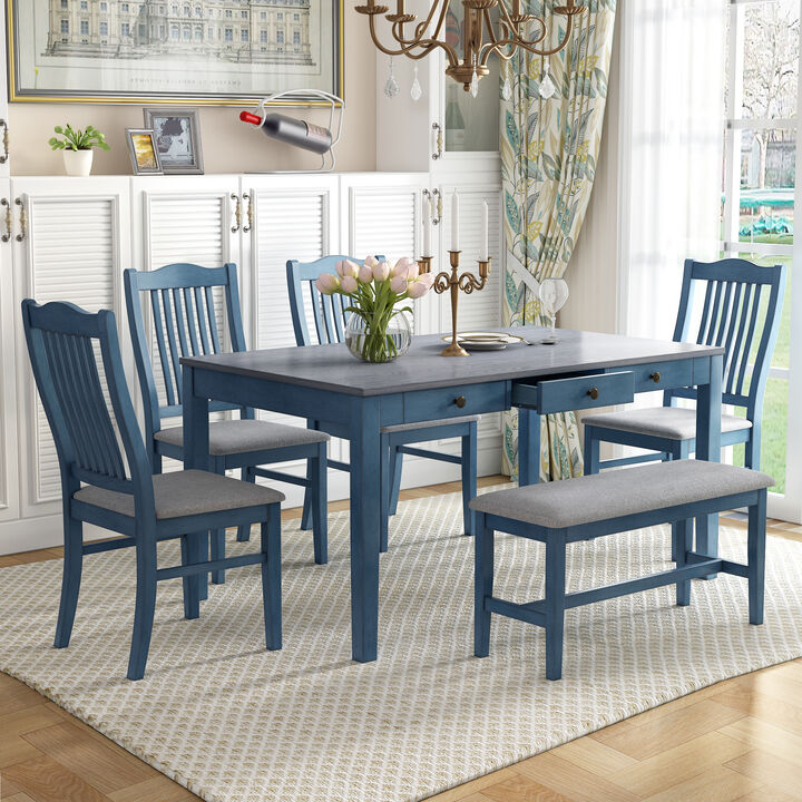 Mid-Century 6-Piece Wood Dining Table Set, Kitchen Table Set with Drawer, Upholstered Chairs and Bench, Antique Blue