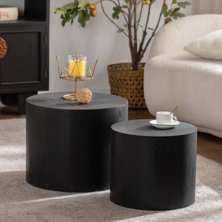 Modern Round Drum Nesting Coffee Table Set of 2, Wooden Cylinder Coffee Tables for Living Room, Space-Saving Design