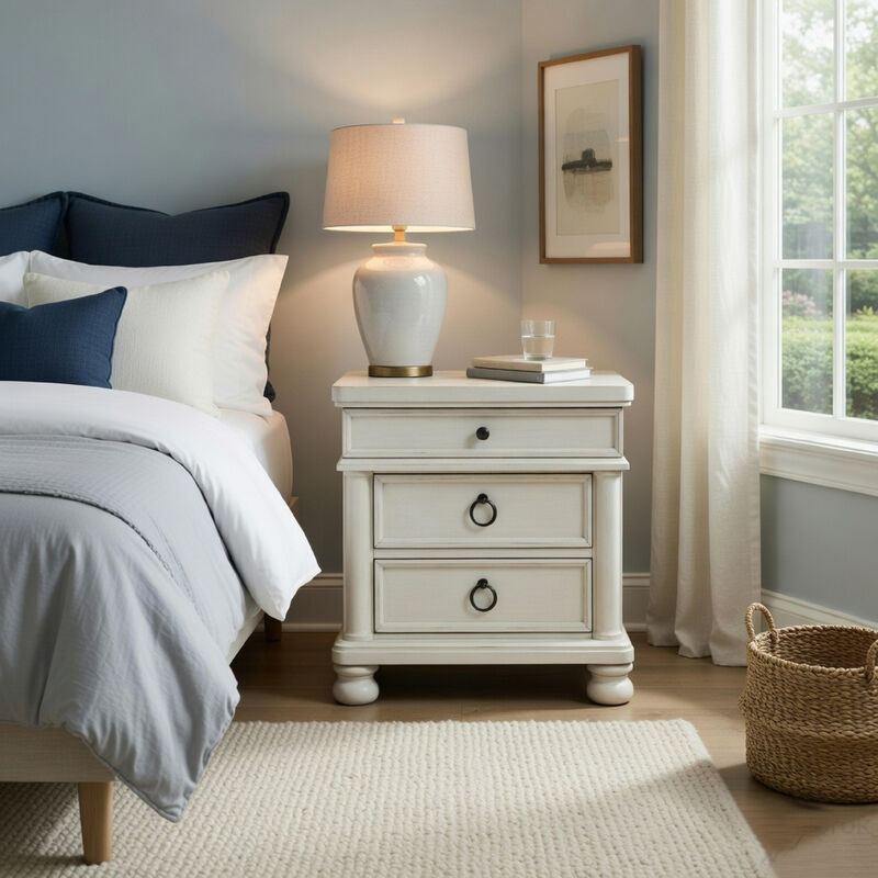 Rowy Bedside Nightstand, 3 Drawers with Pewter Knobs, Antique White image number 1