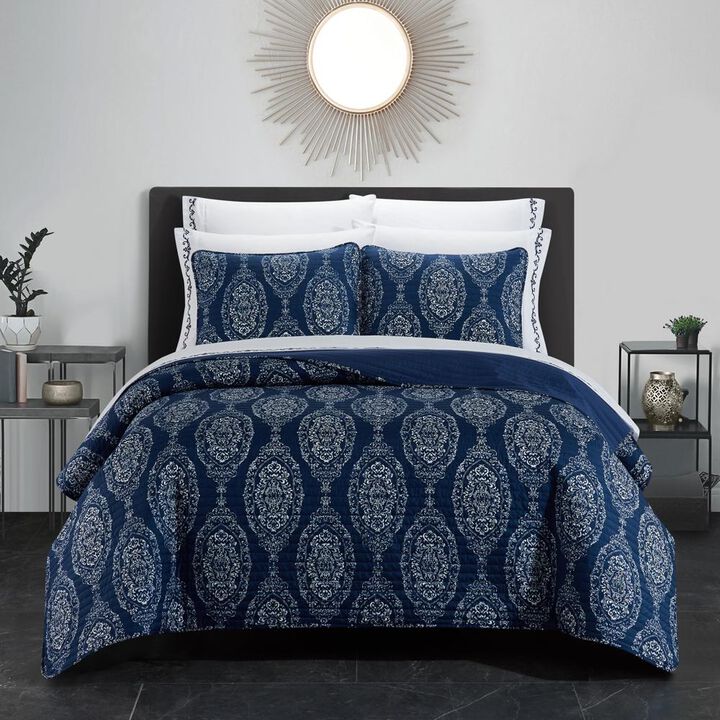Chic Home Verona Quilt Set Striped Stitched Medallion Print Bed In A Bag - Sheet Set Decorative Pillow Shams Included - 9 Piece - Queen 88x90", Navy Blue