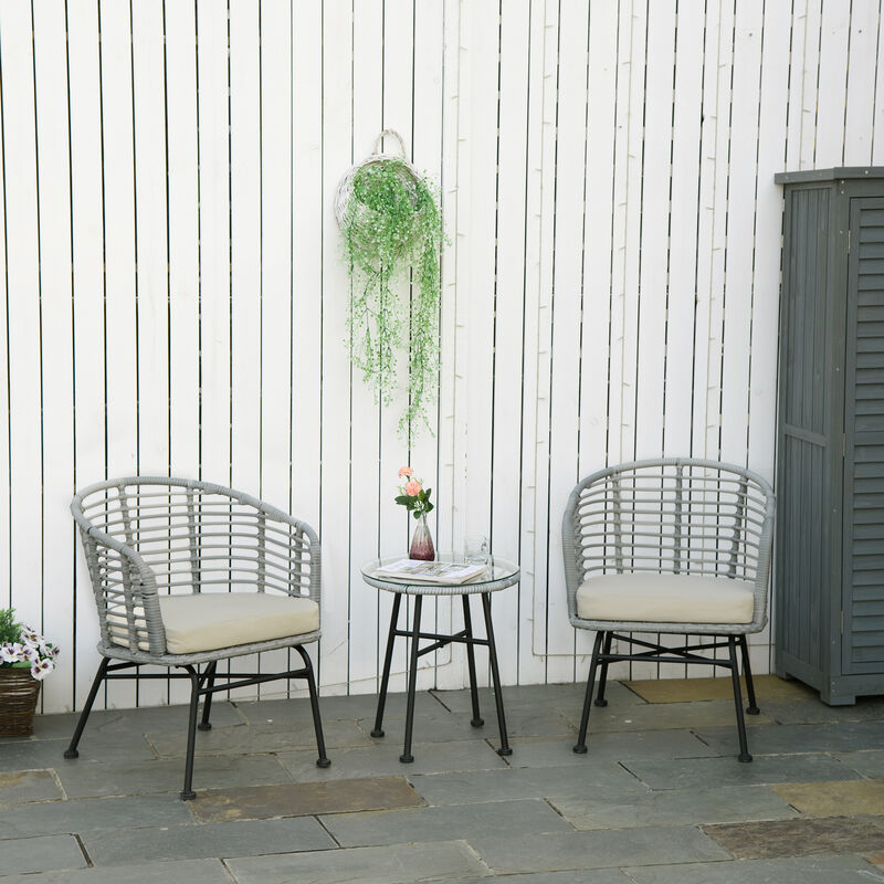 3-Piece Rattan Bistro Outdoor Table & Chairs Furniture Patio Set, Garden, White