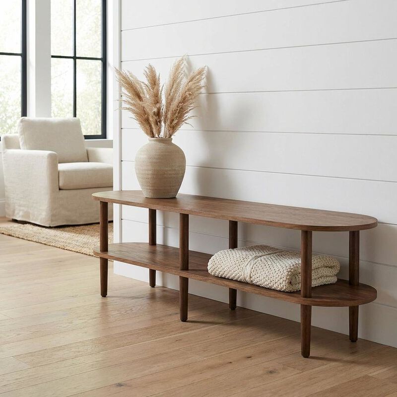 Brown wood TV stand with solid mango construction and oval design image number 3