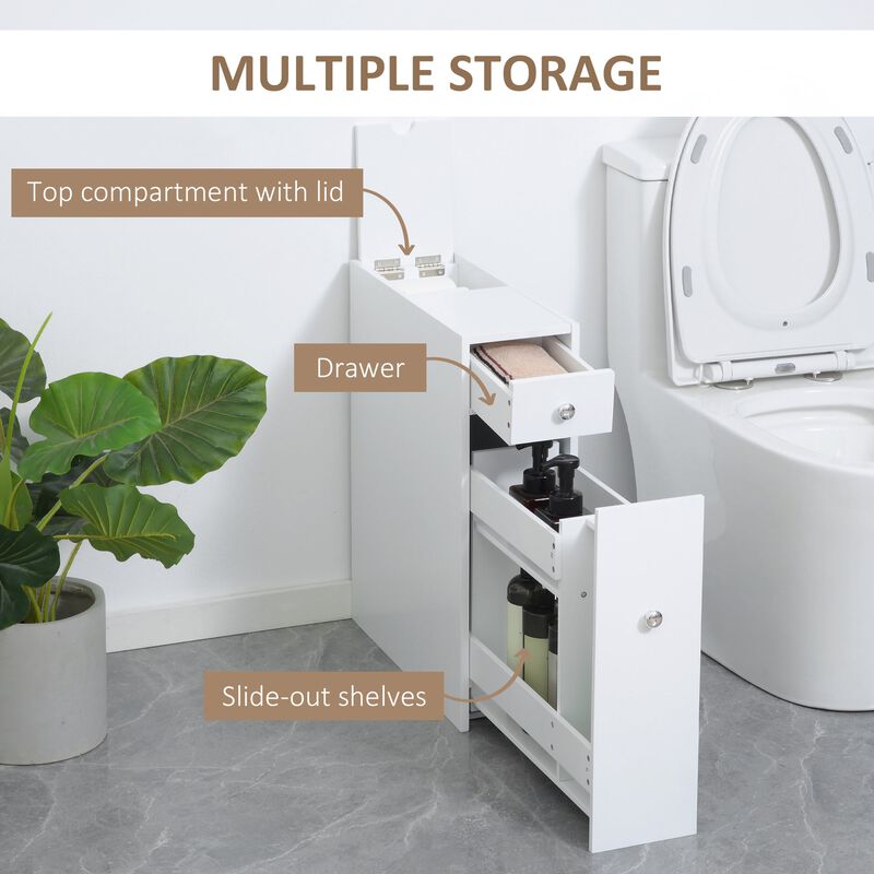 Slim Bathroom Organizer: White Wooden Floor Cabinet with Drawers