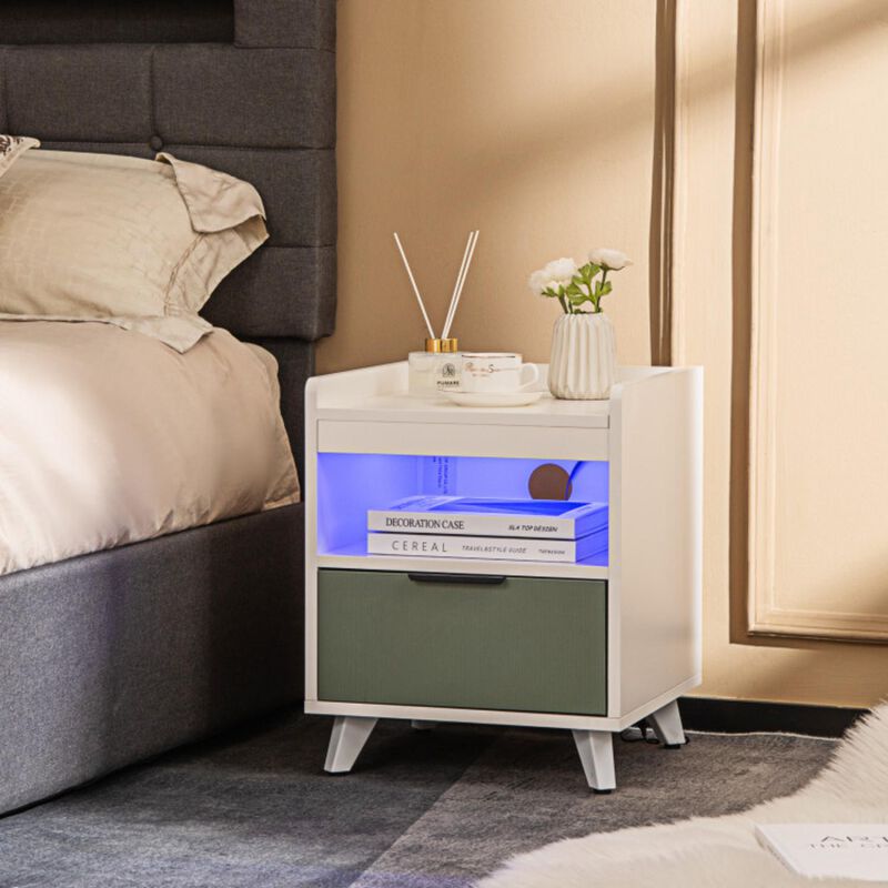 Hivvago Modern Nightstand with LED Lights Sliding Drawer and Open Compartment