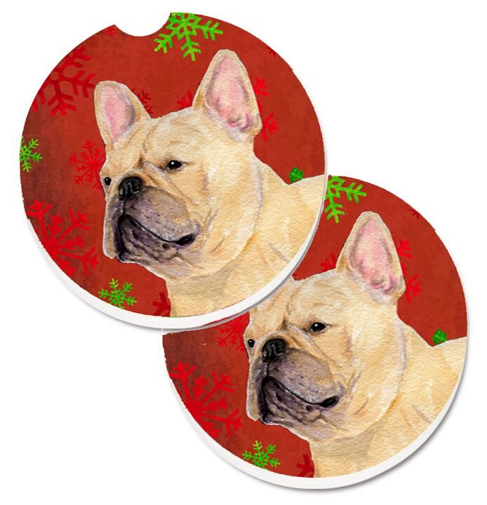 Caroline's Treasures French Bulldog Red & green Snowflakes Holiday Christmas Set of 2 Cup Holder Car Coasters SS4692CARC, 2.56, Multicolor