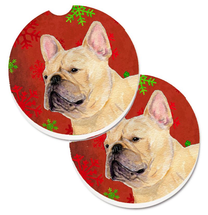 Caroline's Treasures French Bulldog Red & green Snowflakes Holiday Christmas Set of 2 Cup Holder Car Coasters SS4692CARC, 2.56, Multicolor image number 0