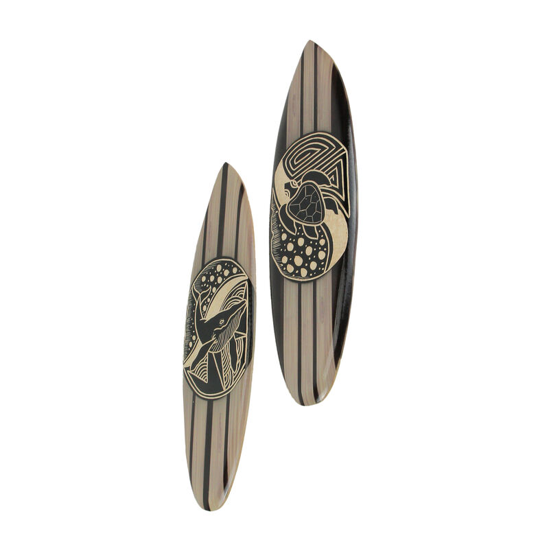 Set Of 2 Hand Carved Wood Surfboards Tiki Decor Whale Turtle Wall Hanging Art image number 1