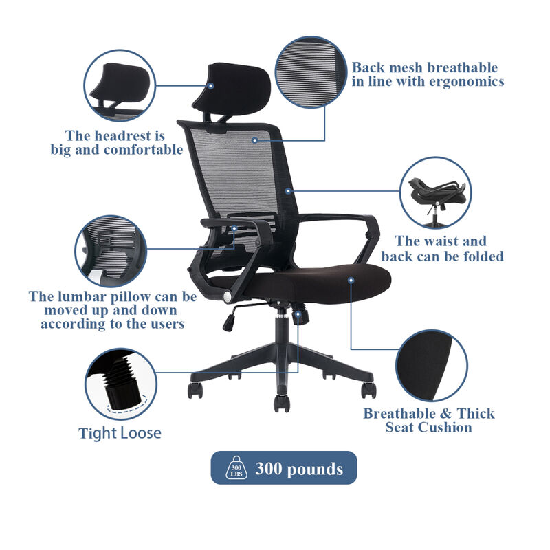 High Back Office Chair with fixed arms and headrest, Black, easy assemble chair