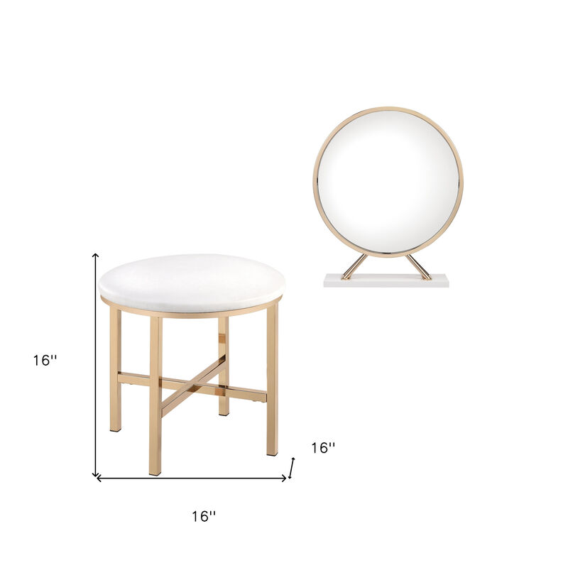 HomeRoots Set of Two Gold Metal And Faux Leather Round Freestanding Makeup Mirror And Stool image number 4