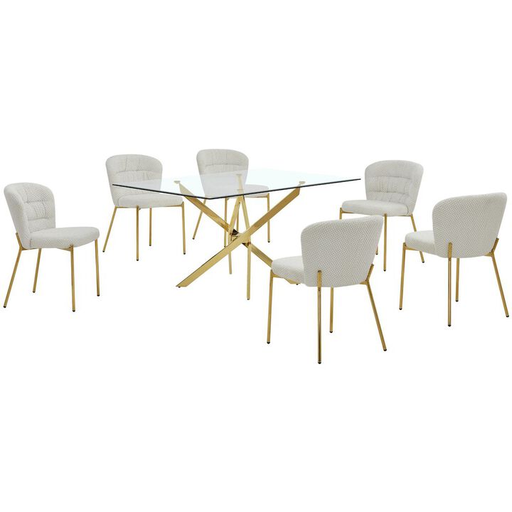 Best Quality Furniture Rectangle Tempered Glass Dining Table With 6 Cream Side Chairs