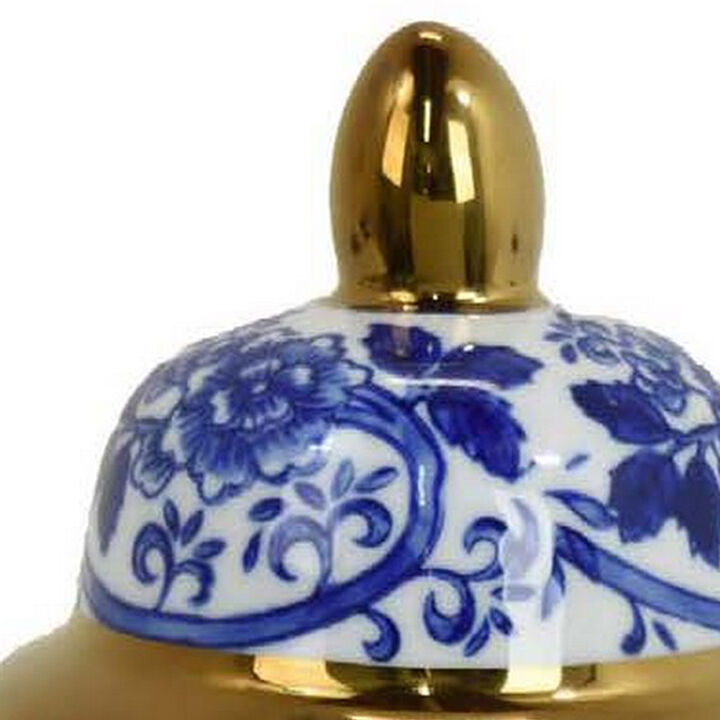 18 Inch Temple Ginger Jar, Ceramic, Multi Floral Design, White, Blue, Gold - Benzara
