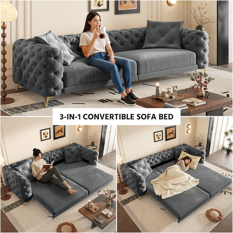 Whisen 97.7" 4-Seat Convertible Sleeper Sofa, Velvet 3-in-1 with Ottoman for Apartment Office image number 8