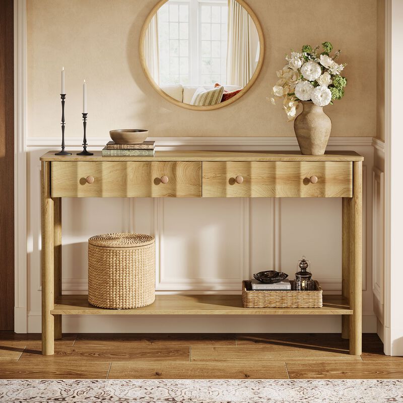 Entryway Console Table with 2 Drawers, Fluted Sofa Table with Open Shelf-Natural image number 1