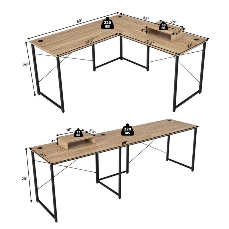 Hivvago 2-Person L-Shaped Long Reversible Computer Desk with Monitor Stand