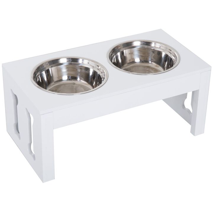 White Bone-Shaped Feeder: 23" Wooden Elevated Dog Bowl Stand