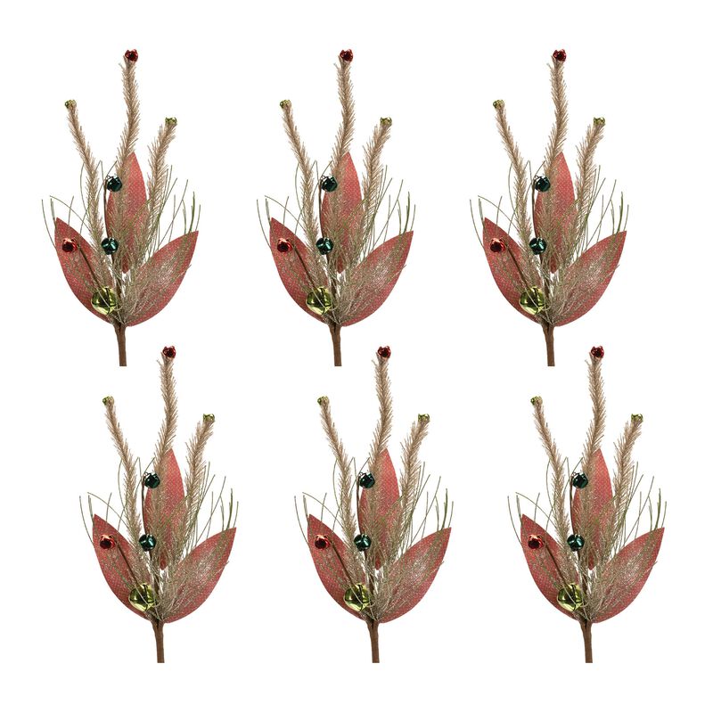 Set of 6 Glittered Pine and Sleigh Bell Sprays for Holiday Wreaths or Arrangements