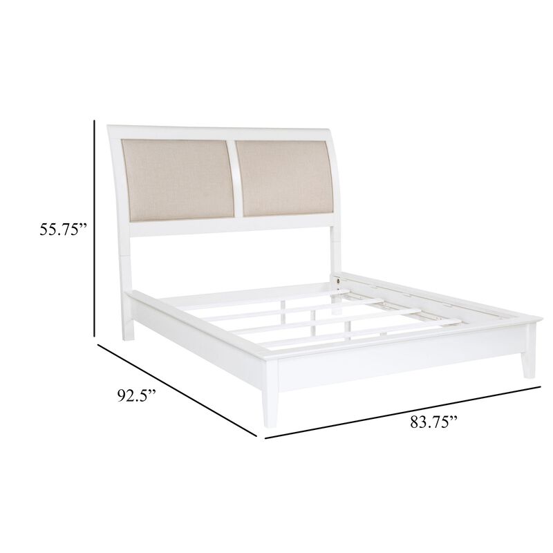 Heo King Size Bed, Sleigh Beige Upholstered Headboard, White Wood - Benzara