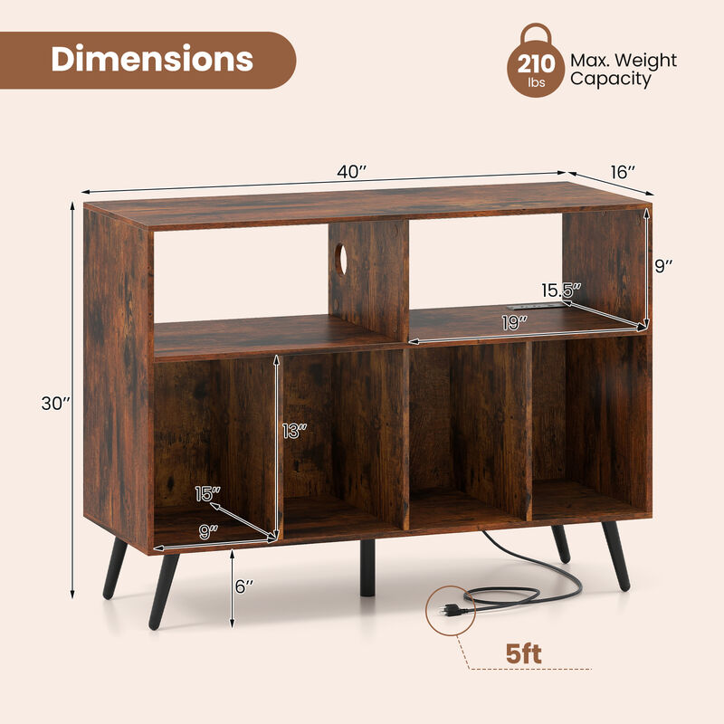 Record Player Stand with Charging Dock and Open Shelves for Media-Rustic Brown image number 2