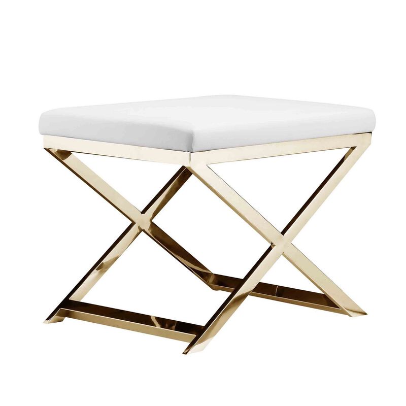 Sovi 20 Inch Ottoman Stool, White Faux Leather Seat, Stainless Steel Frame, Gold - Benzara