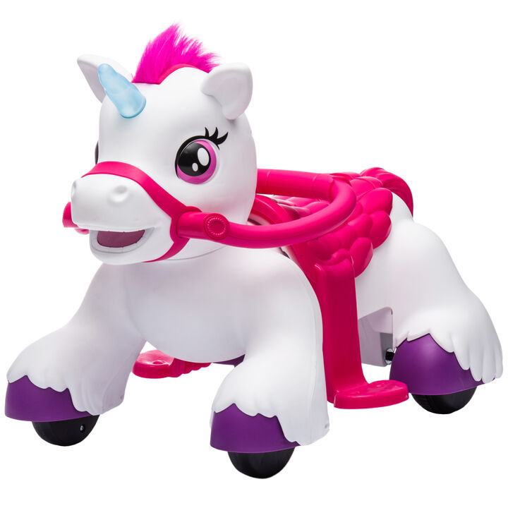BreeBe 12V Unicorn Ride on Horse with Carrot Toy, Comb, Animal Sounds