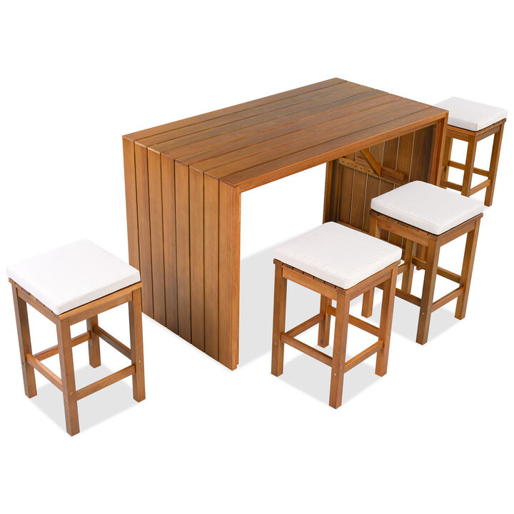 Merax Outdoor Bar Set with Acacia Wood Frame, 4 High-Density Cushioned Stools