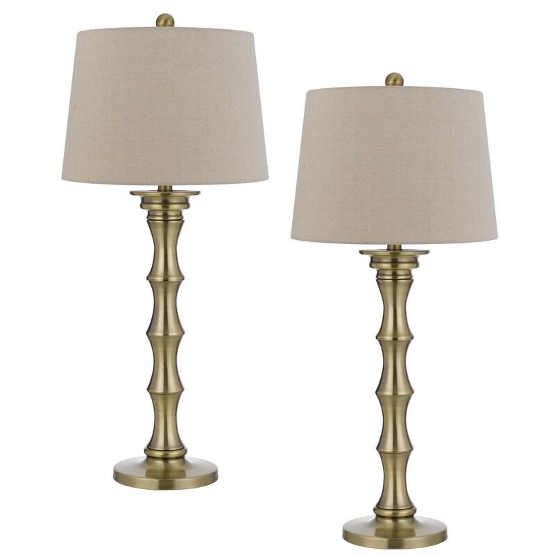 Noah 32 Inch Accent Table Lamp Set of 2, Turned Pedestal, Antique Brass-Benzara image number 1