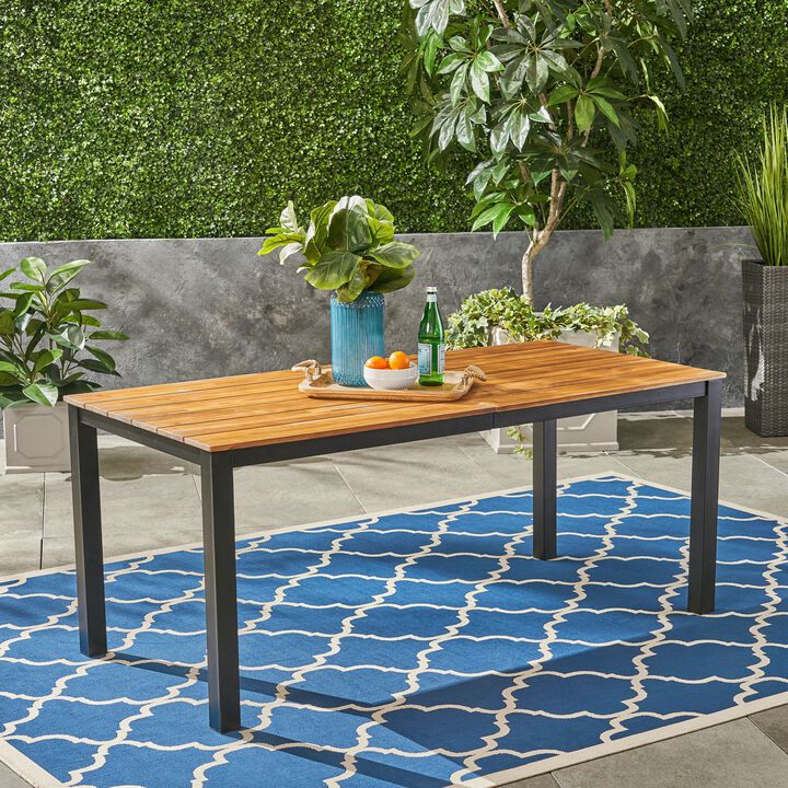 70.75" Patio Dining Table, Teak Acacia Wood Slat Table With Black Iron Leg, Large Capacity Outdoor Dinner Table
