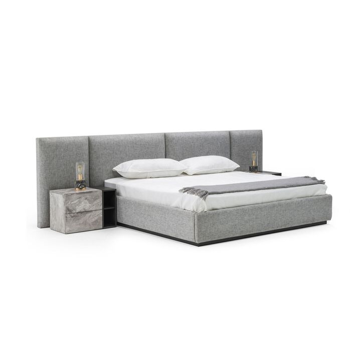 Noe Minn King Size Platform Bed with Gray Upholstered Tufted Wall Headboard - Benzara