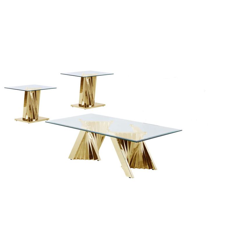Best Quality Furniture Glass Coffee Table Sets: Coffee Table and 2 End Tables with Stainless Steel Gold Base