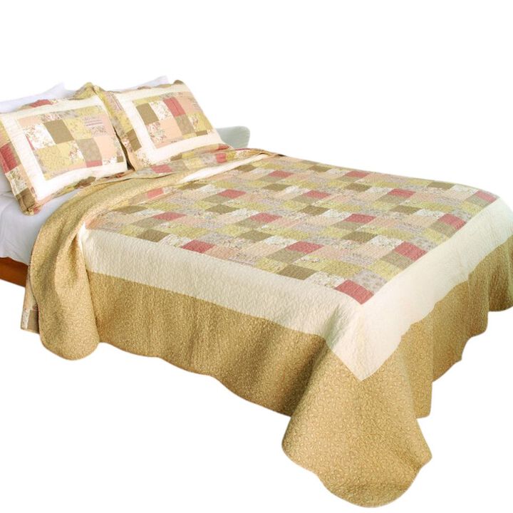 3PC Cotton Printed Quilt Set Queen Size Vermicelli Quilted Soft Bed Cover