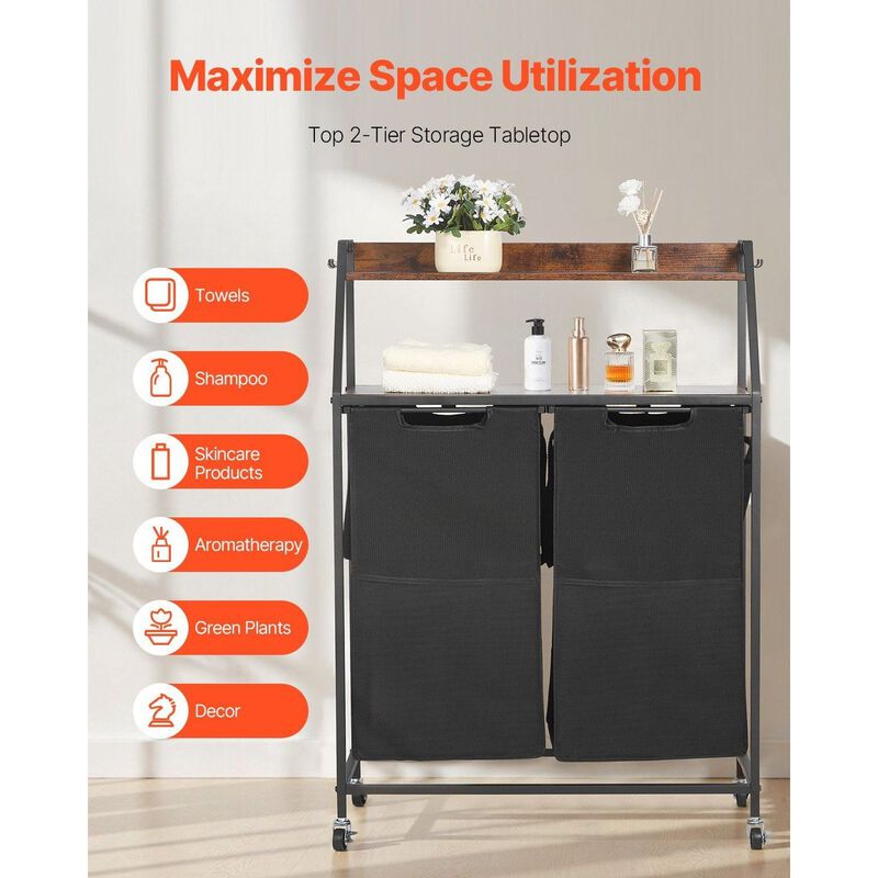 2 Section Rolling Laundry Sorter with Shelves, Oxford Cloth Bags and Wooden Top-Black image number 3