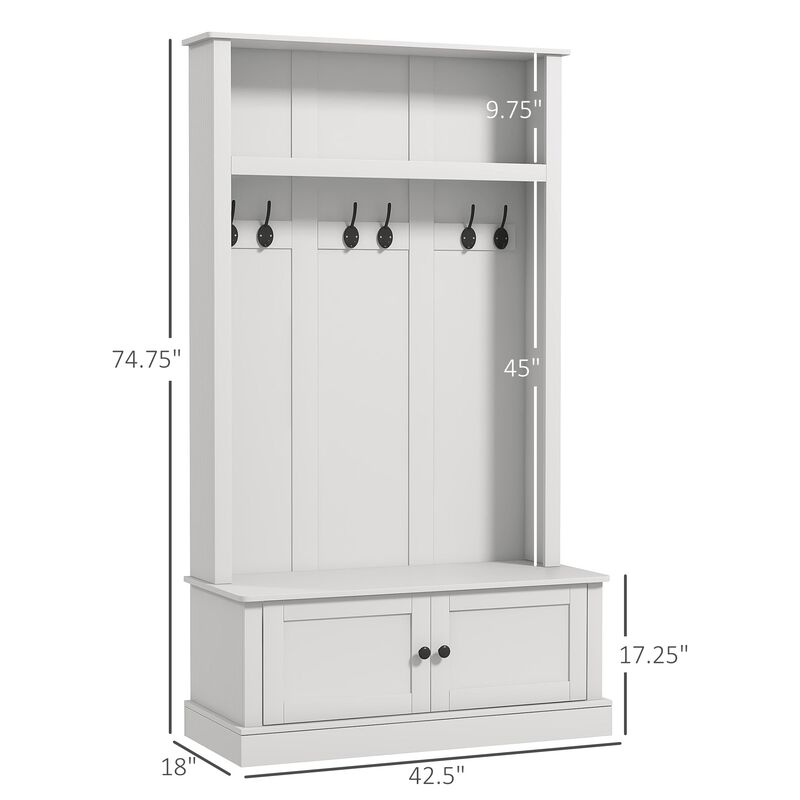 Freestanding Hall Tree with Bench, Entryway Bench with Shoe Cabinet and Top Shelf, Mudroom Bench with Storage and Hooks for Hallway, White